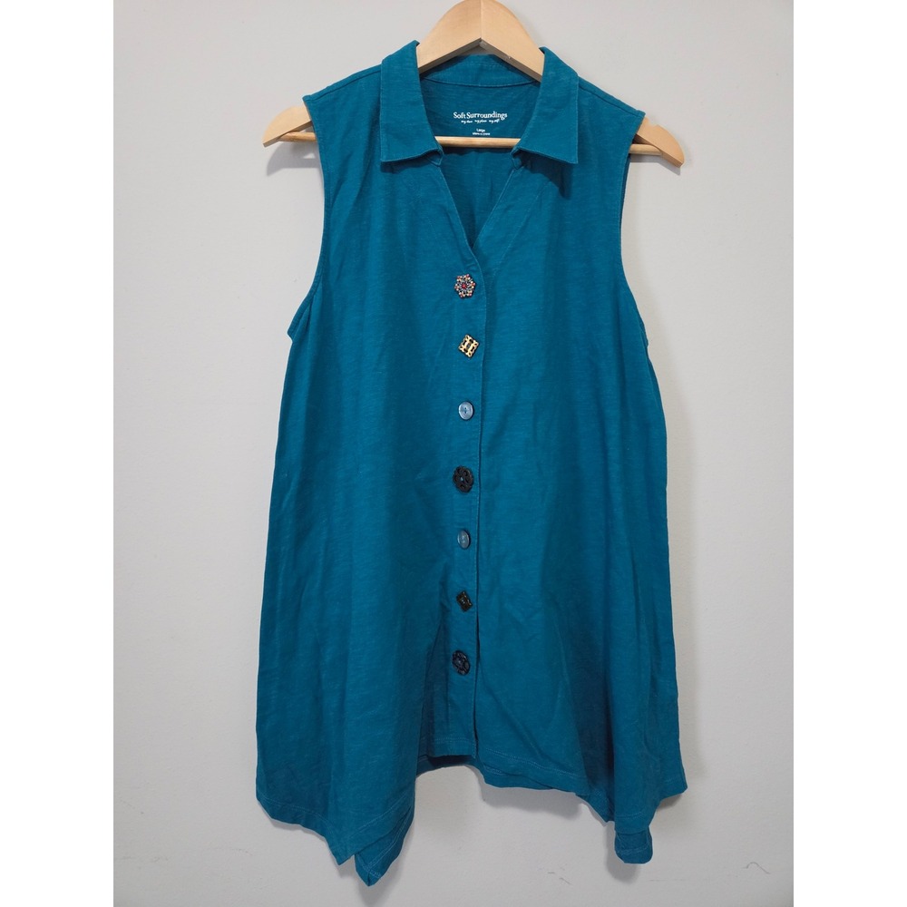 Soft Surroundings Teal Blue Cotton Mismatched Button Sleeveless Tunic Top Large